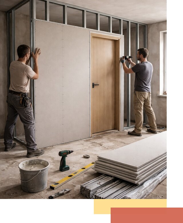 Перегородка из гипсокартона с дверью под ключ в Североуральске