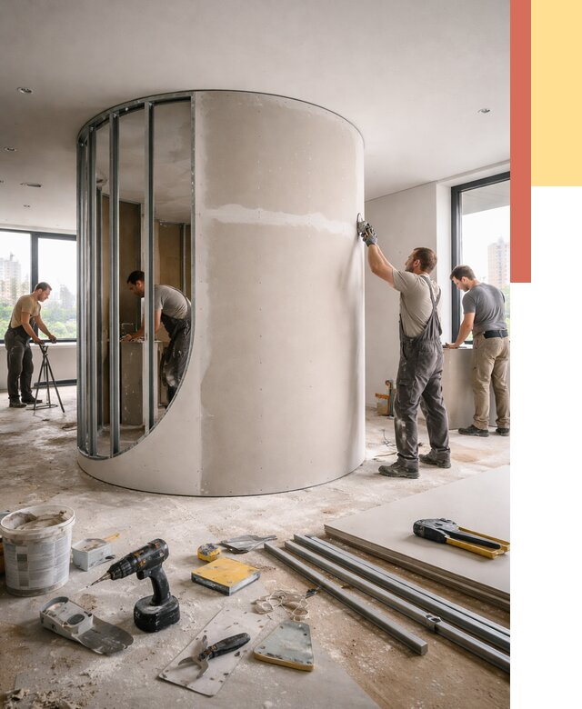 Радиусная перегородка из гипсокартона в Североуральске от 2987 руб. под ключ | ОТДЕЛОЧНИК-Сву