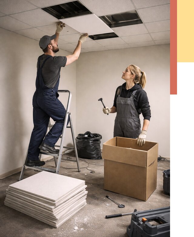 Демонтаж потолочной плитки в Североуральске от 4635 руб. быстро и недорого | ОТДЕЛОЧНИК-Сву