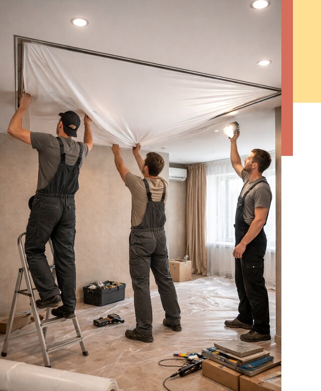 Монтаж ПВХ натяжного потолка в Североуральске от 3605 руб. под ключ | ОТДЕЛОЧНИК-Сву