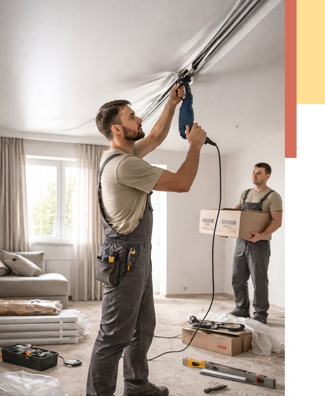 Монтаж сатинового натяжного потолка в Североуральске от 3605 руб. | Быстро, недорого — ОТДЕЛОЧНИК-Сву