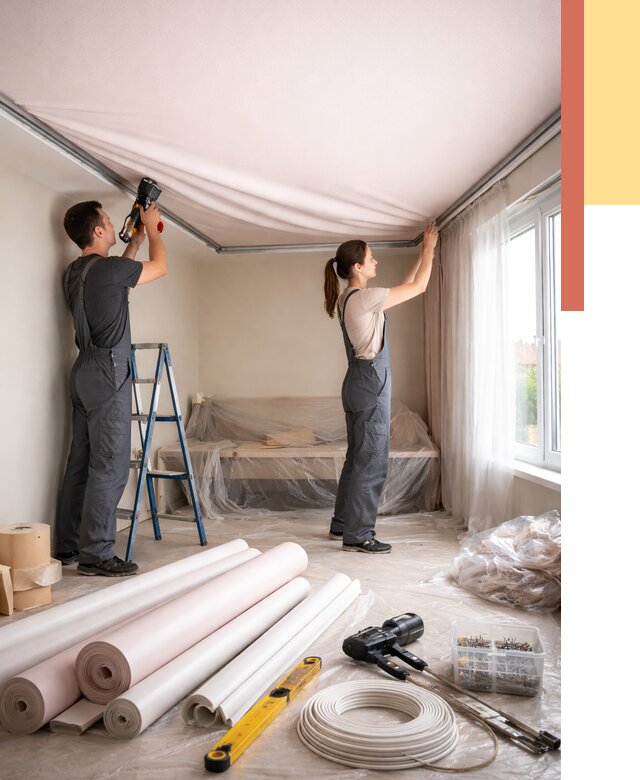 Монтаж цветного натяжного потолка в Североуральске от 4326 руб/м² — быстро и недорого | ОТДЕЛОЧНИК-Сву