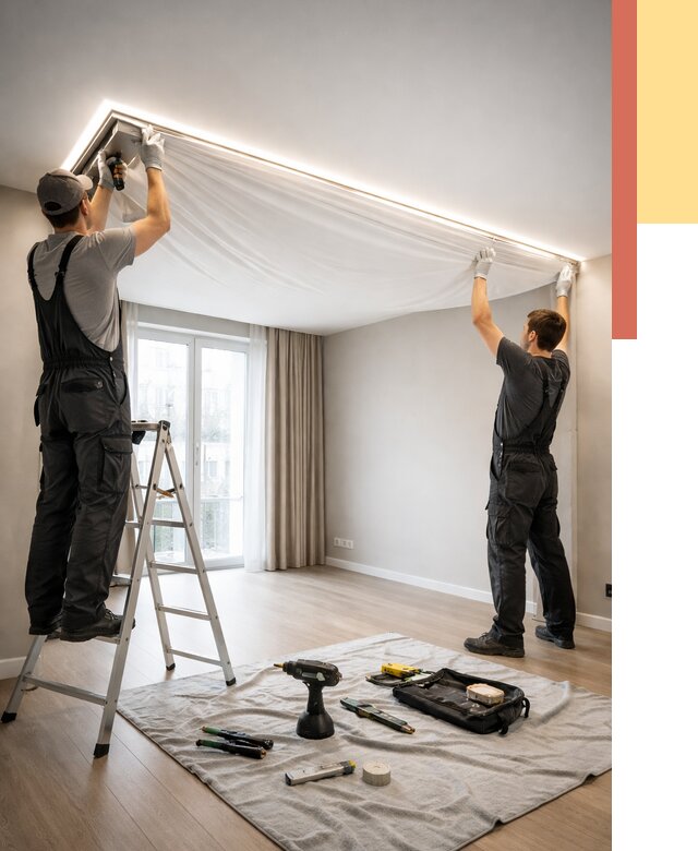 Монтаж парящего натяжного потолка в Североуральске от 4635 руб. быстро и недорого | ОТДЕЛОЧНИК-Сву