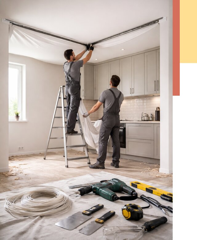 Установка натяжного потолка на кухне в Североуральске от 2472 руб. | ОТДЕЛОЧНИК-Сву