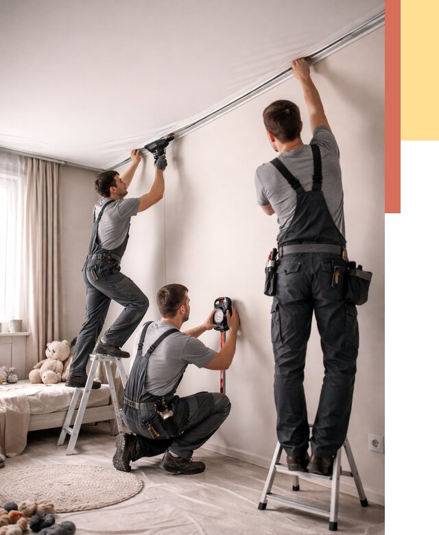 Монтаж натяжного потолка в детской в Североуральске от 3605 руб. — быстро и недорого | ОТДЕЛОЧНИК-Сву