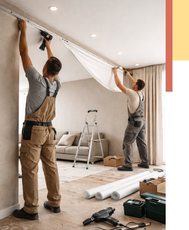 Монтаж натяжного потолка в гостиной в Североуральске от 567 руб. | ОТДЕЛОЧНИК-Сву