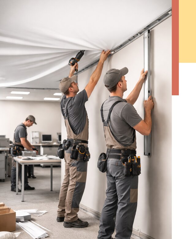 Монтаж натяжного потолка в офисе в Североуральске от 464 руб/м² — быстро и недорого | ОТДЕЛОЧНИК-Сву