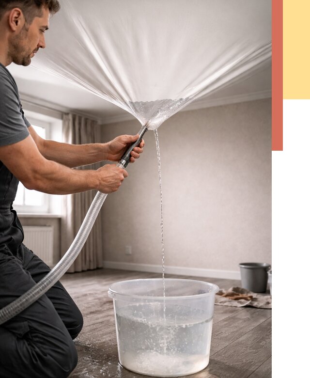 Слив воды с натяжного потолка в Североуральске от 2575 руб. быстро и недорого | ОТДЕЛОЧНИК-Сву