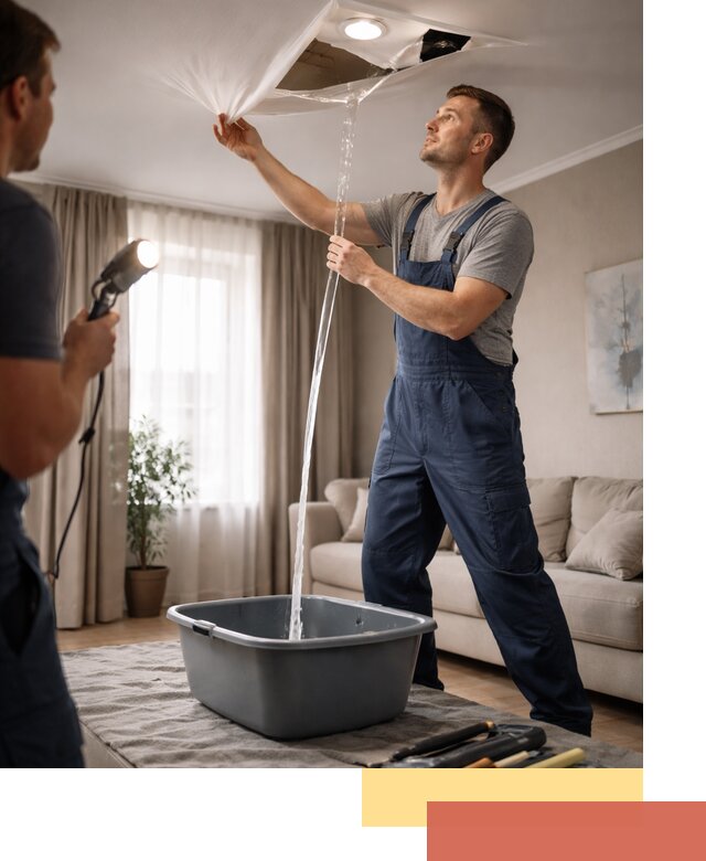 Слив воды с натяжного потолка в Североуральске быстро и аккуратно