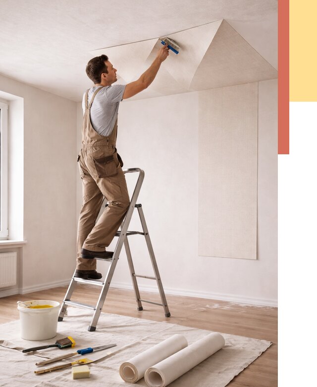 Поклейка обоев на потолок в Североуральске от 4635 руб. быстро и недорого | ОТДЕЛОЧНИК-Сву